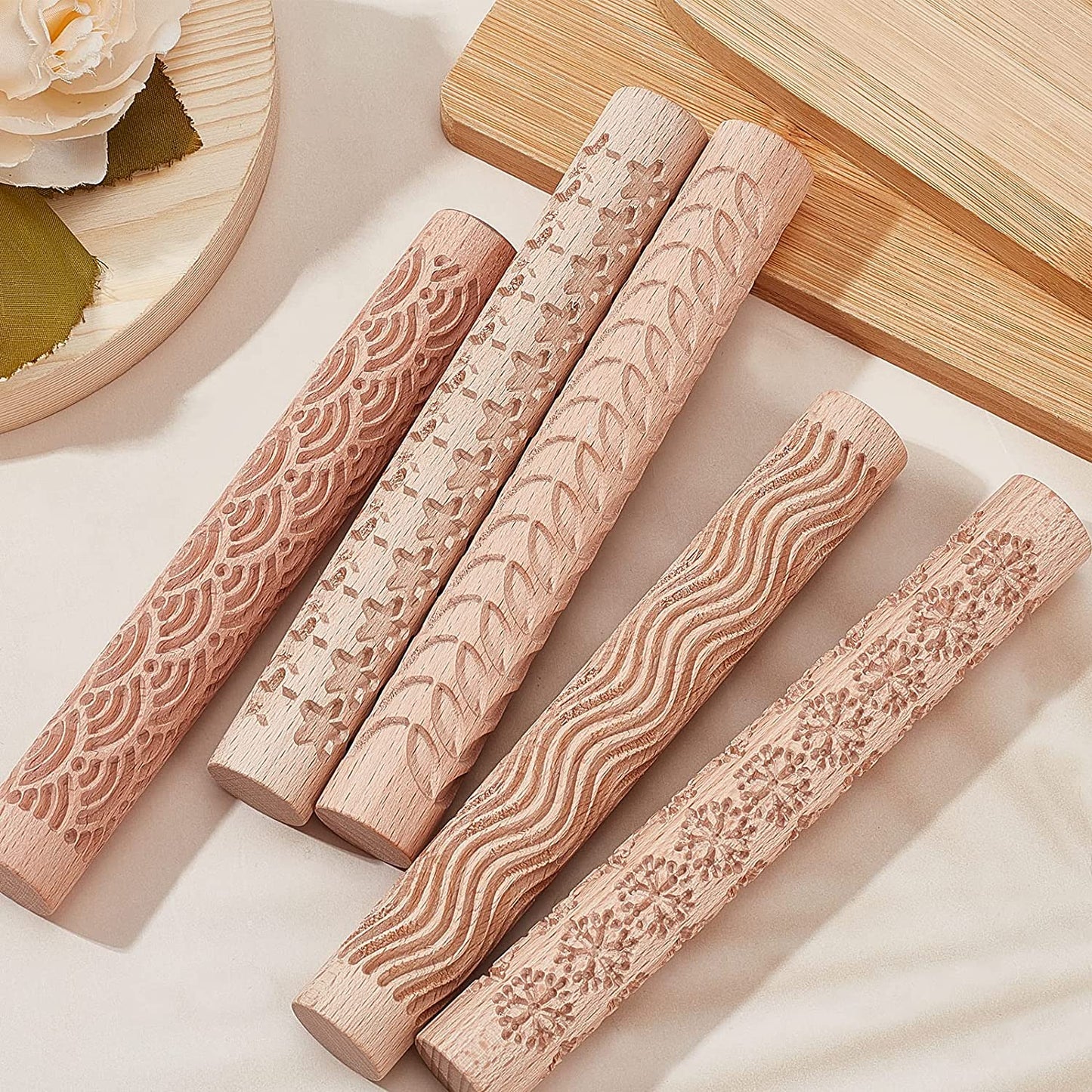 GORGECRAFT 6 Inch 5 Styles Wooden Handle Clay Texture Roller Modeling Pattern Pottery Tools Handmade Clay Slab Rollers Pins Leaves Wave Snowflake for Ceramics Pastries Cookies or DIY Projects