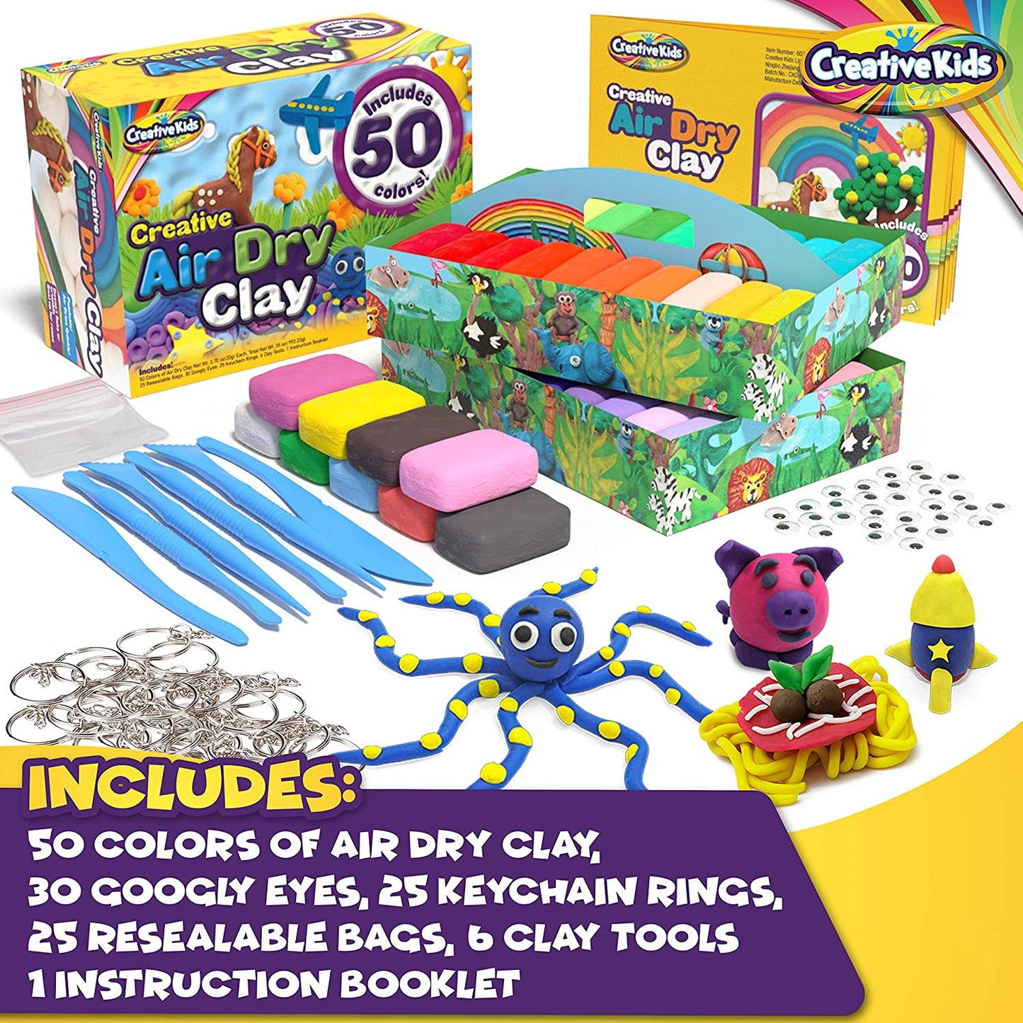 Creative Kids Air Dry Clay Modeling Crafts Kit for Children - 30 Vibrant Colors & 3 Clay Tools