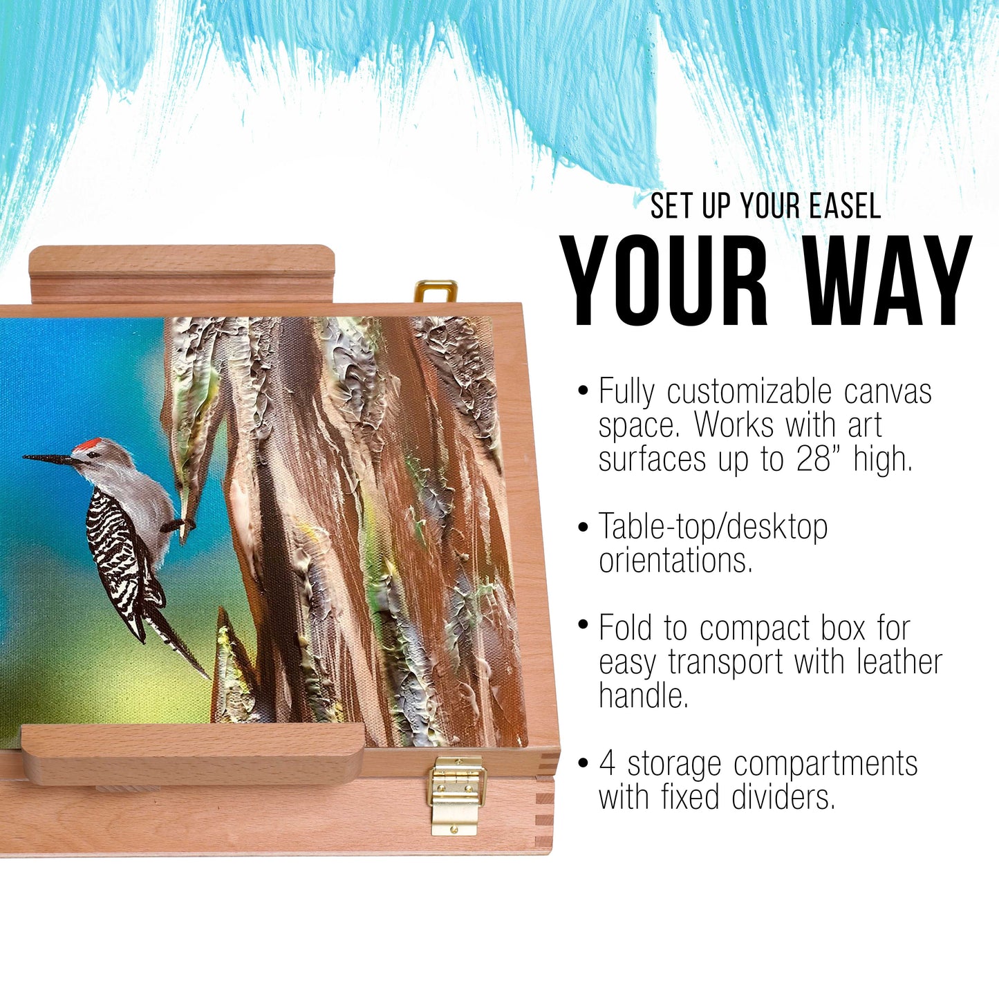 U.S. Art Supply Newport Medium Adjustable Wood Table Sketchbox Easel, Beechwood - Portable Wooden Artist Desktop Case