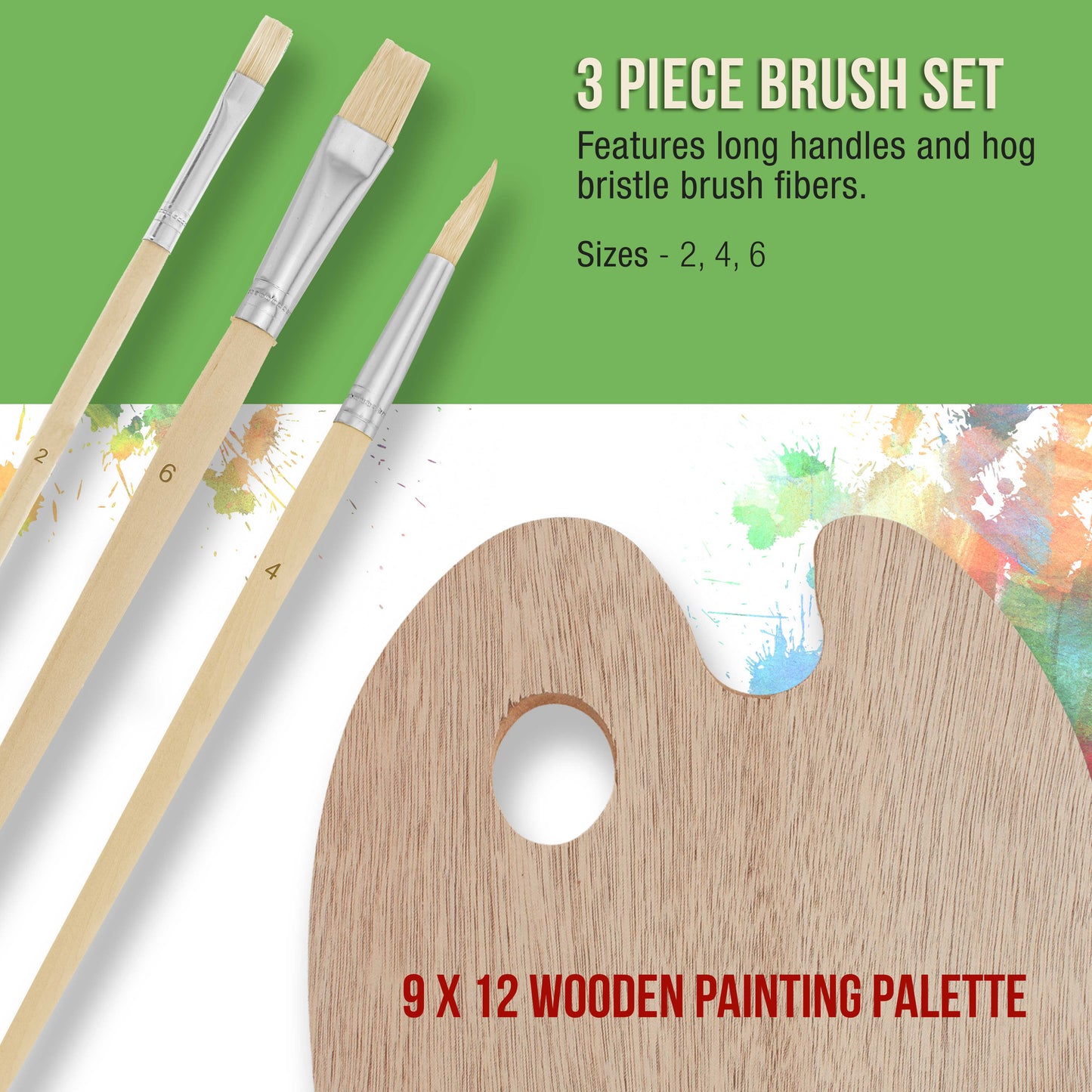 US Art Supply Wood Palette with 6-Piece Acrylic Paint Set & 3-Piece Brush Set