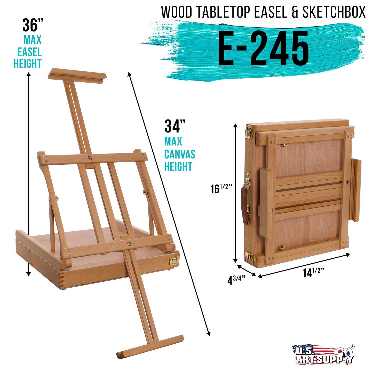 U.S. Art Supply La Jolla Adjustable Wood Table Sketchbox Easel, Beechwood