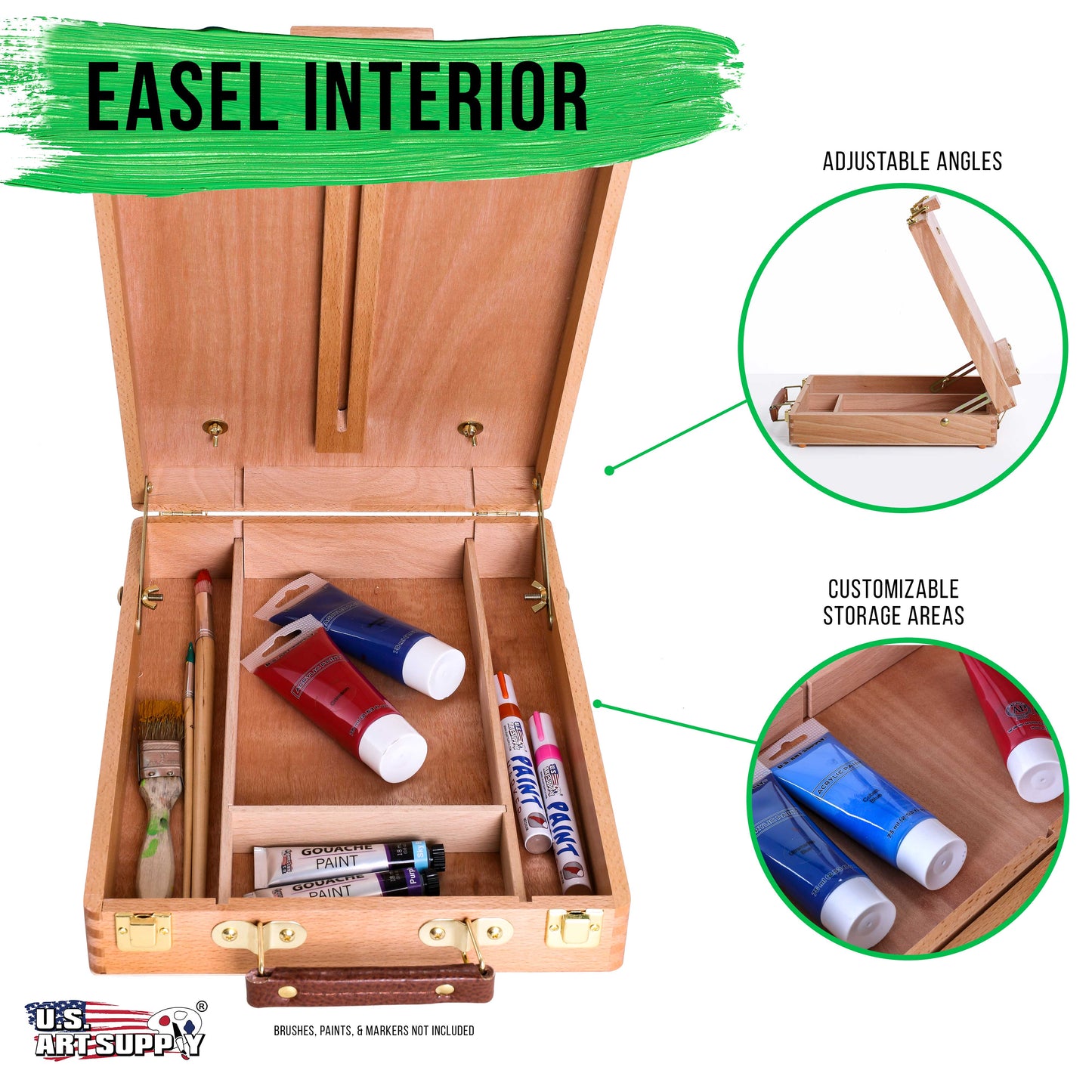 U.S. Art Supply Antigua Adjustable Wood Table Sketchbox Easel, Premium Beechwood - Portable Wooden Artist Desktop Storage Case - Store Art Paint, Markers, Sketch Pad - Box for Drawing, Painting