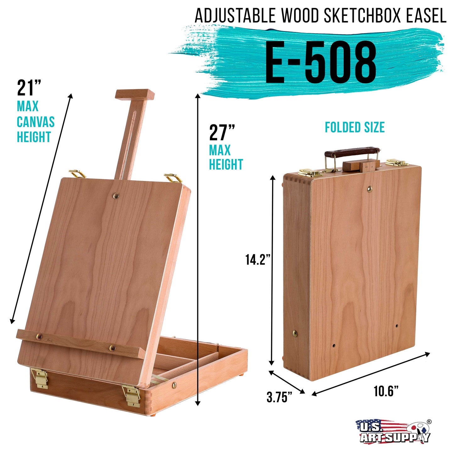 U.S. Art Supply Antigua Adjustable Wood Table Sketchbox Easel, Premium Beechwood - Portable Wooden Artist Desktop Storage Case - Store Art Paint, Markers, Sketch Pad - Box for Drawing, Painting