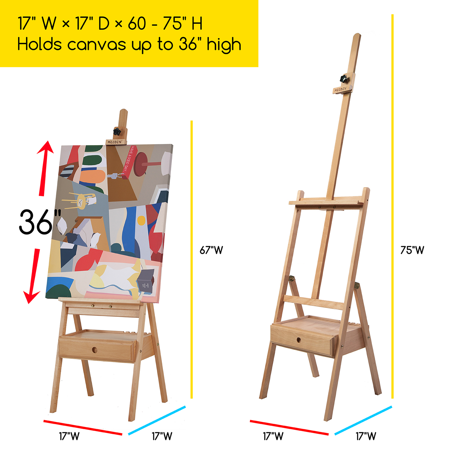 MEEDEN H-Frame Studio Easel with Storage Drawer, Large Wooden Easel Stand for Adults Painting, Artist Wood Easels Height Adjustable, Hold Canvas up to 36"