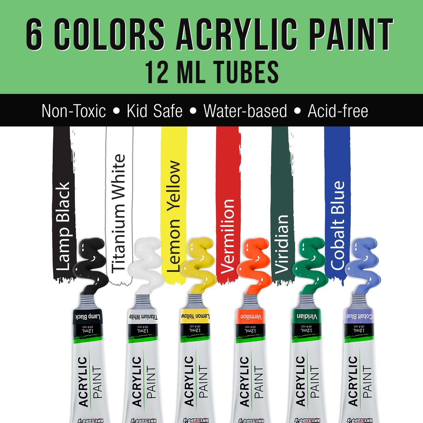 US Art Supply Wood Palette with 6-Piece Acrylic Paint Set & 3-Piece Brush Set