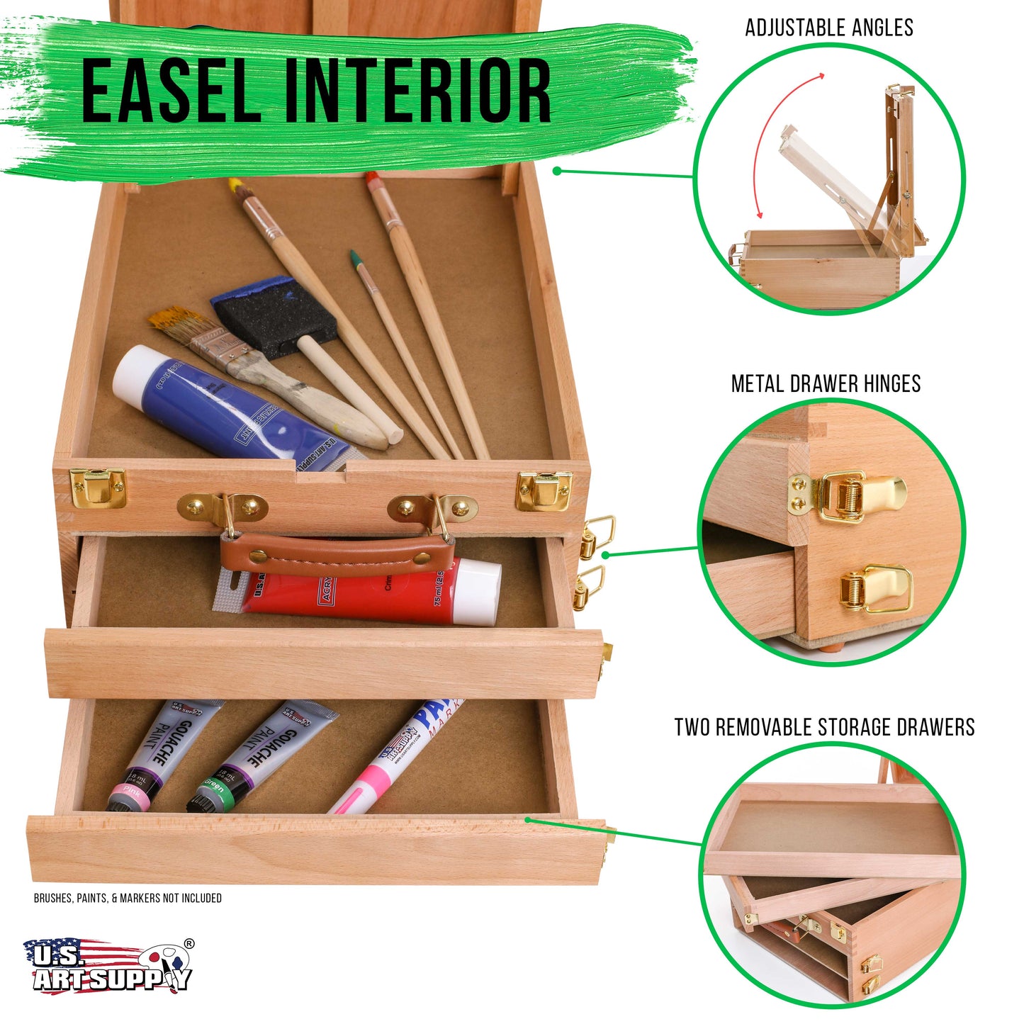 U.S. Art Supply Grand Cayman 2 Drawer Adjustable Wood Table Sketchbox Easel, Wooden Artist Desktop Storage Case, Palette