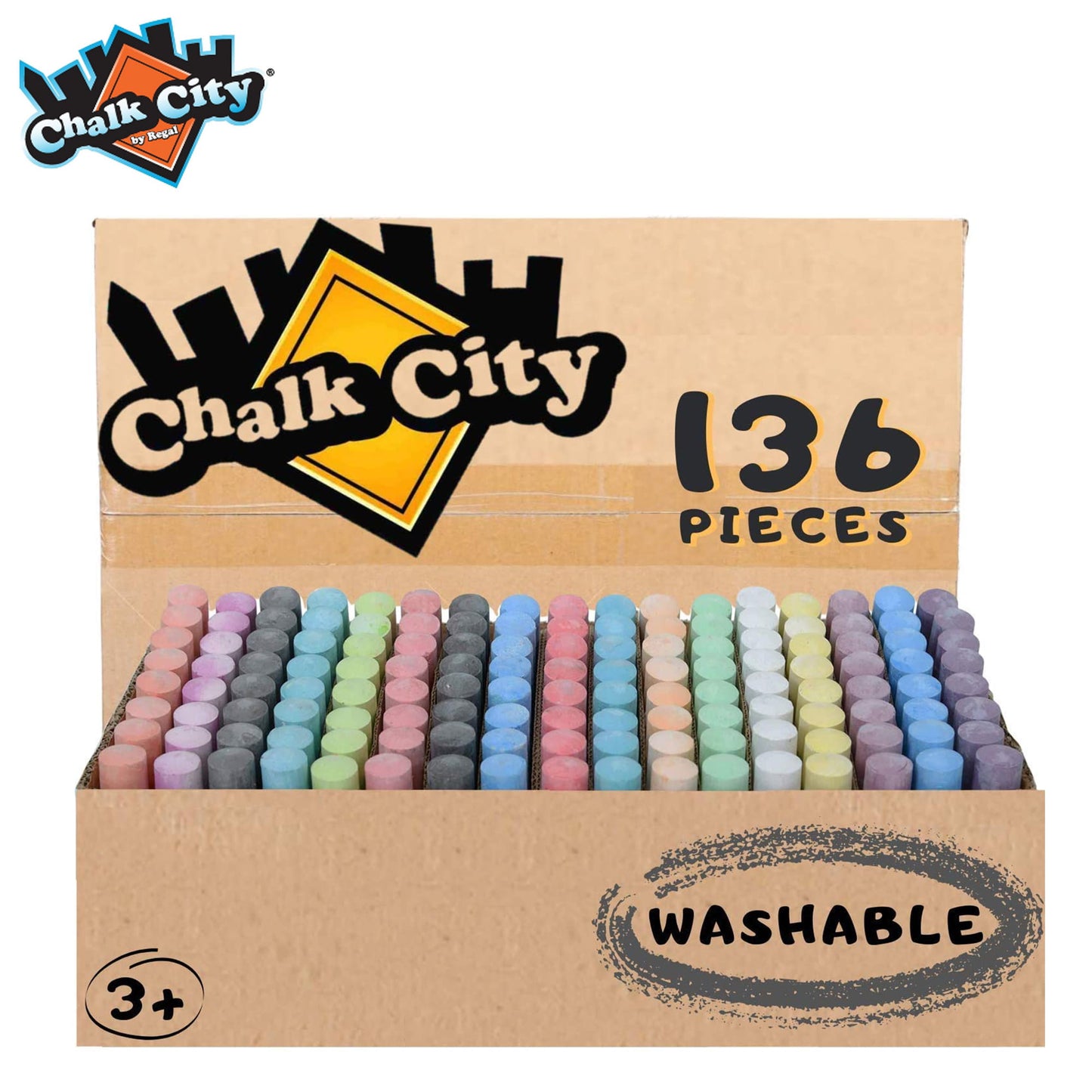 Chalk City Sidewalk Neon Chalk for Kids Washable Outdoor Jumbo Chalks Bucket 136 Count