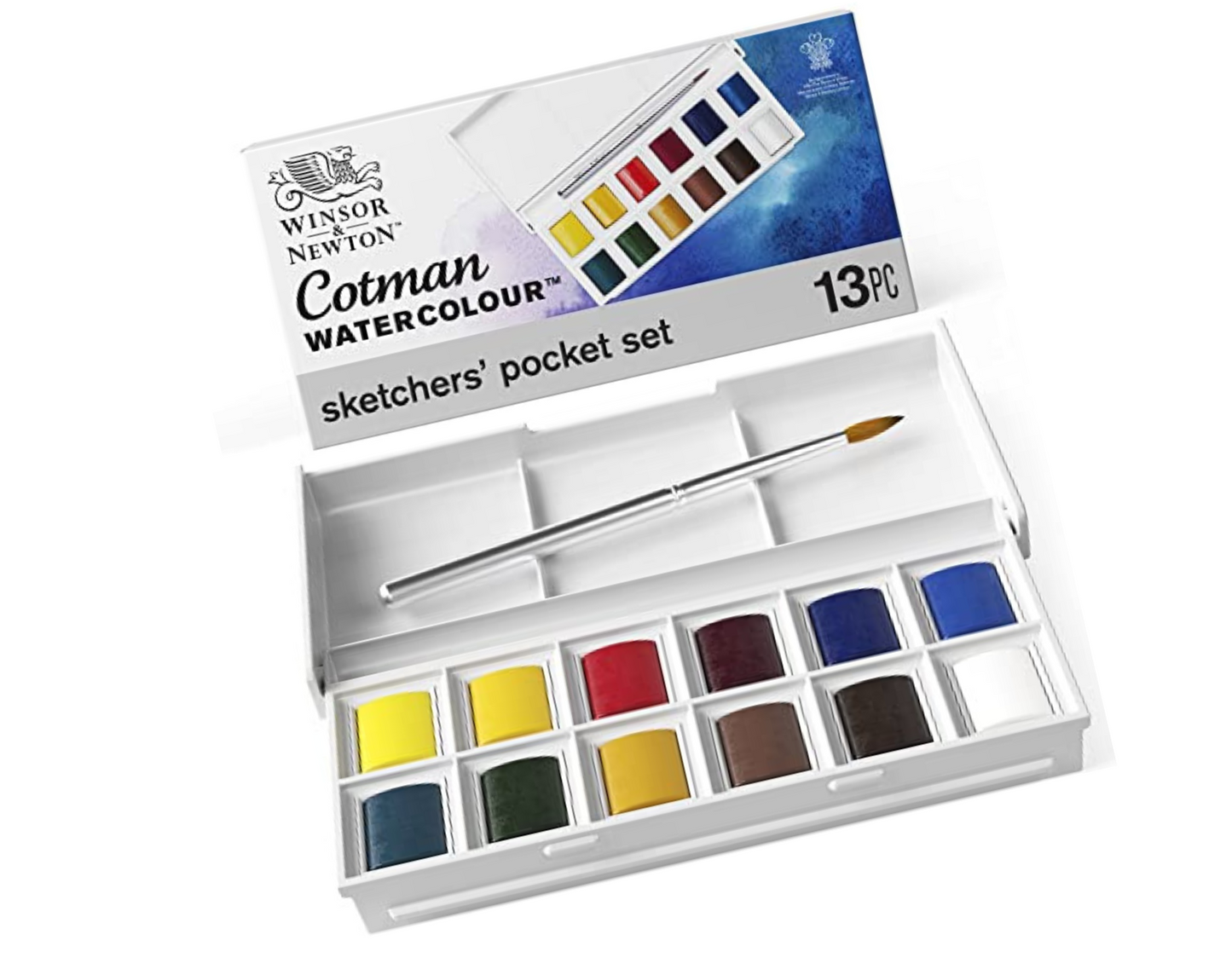 Winsor & Newton Cotman Water Colour Paint Sketchers' Pocket Box, Half Pans, 13 count (12 colors and a brush)