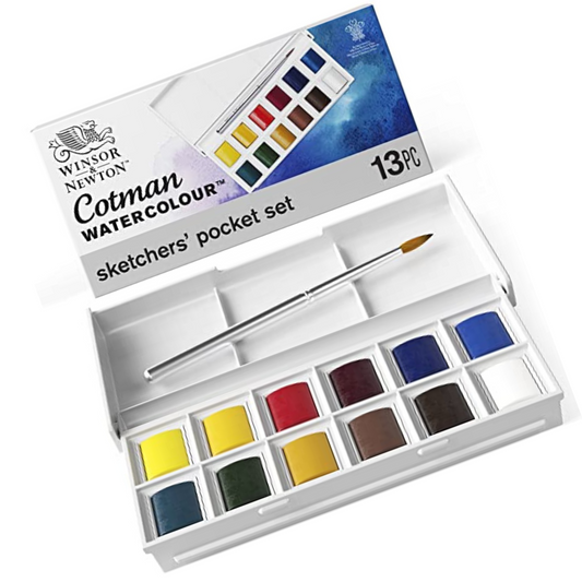 Winsor & Newton Cotman Water Colour Paint Sketchers' Pocket Box, Half Pans, 13 count (12 colors and a brush)