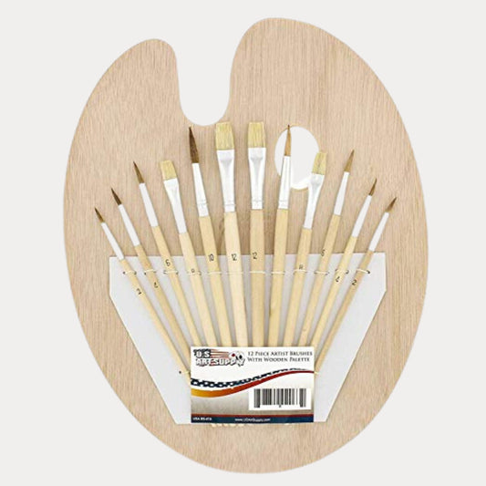 U.S. Art Supply 12-Piece Artist Paint Brush Set with 9" x 12" Wood Painting Palette