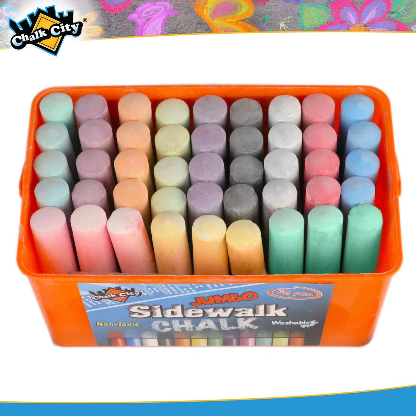 Chalk City Sidewalk Neon Chalk for Kids Washable Outdoor Jumbo Chalks Bucket 52 Count