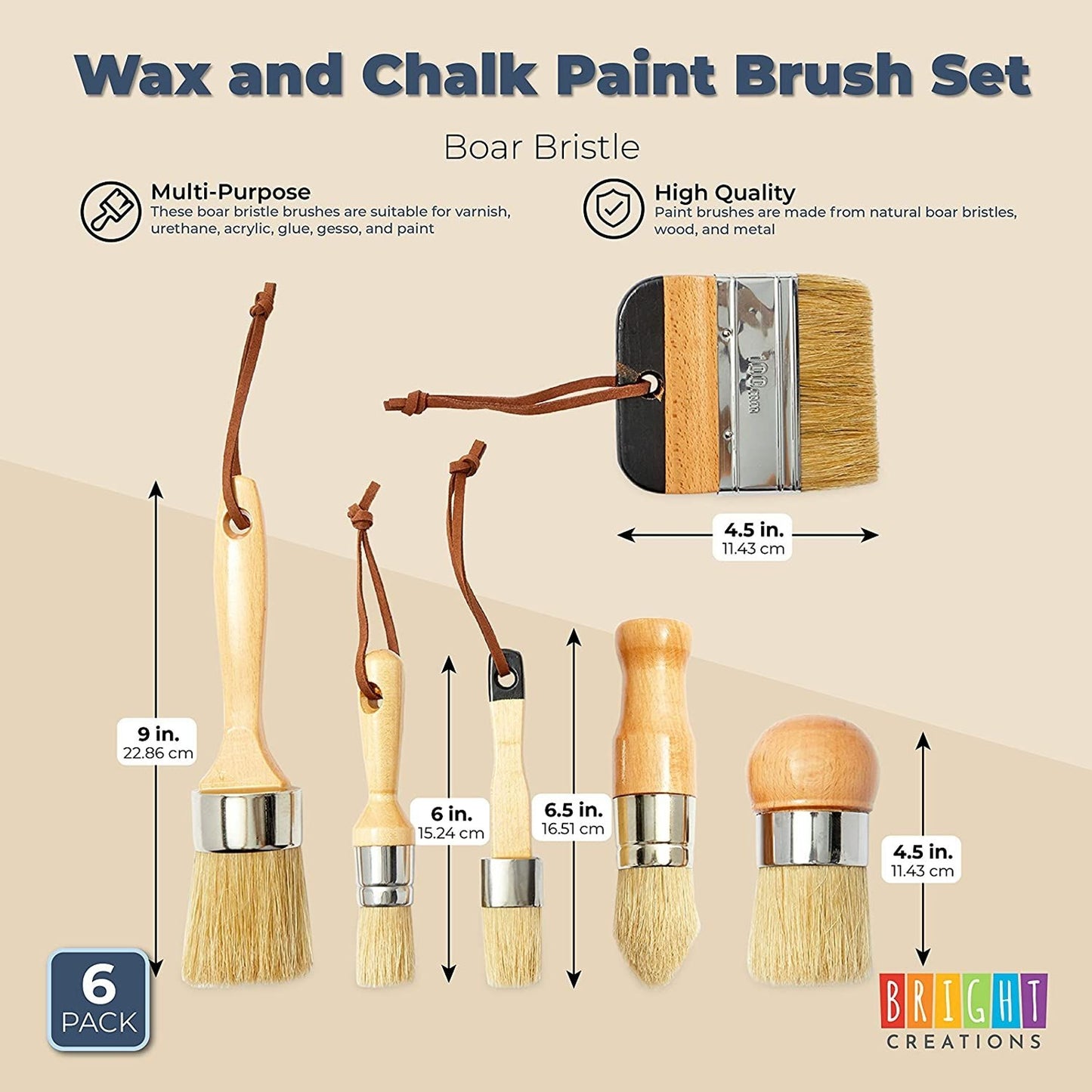 6-Piece Wax and Chalk Paint Brush Set for Furniture Waxing Painting, Natural Boar Bristle