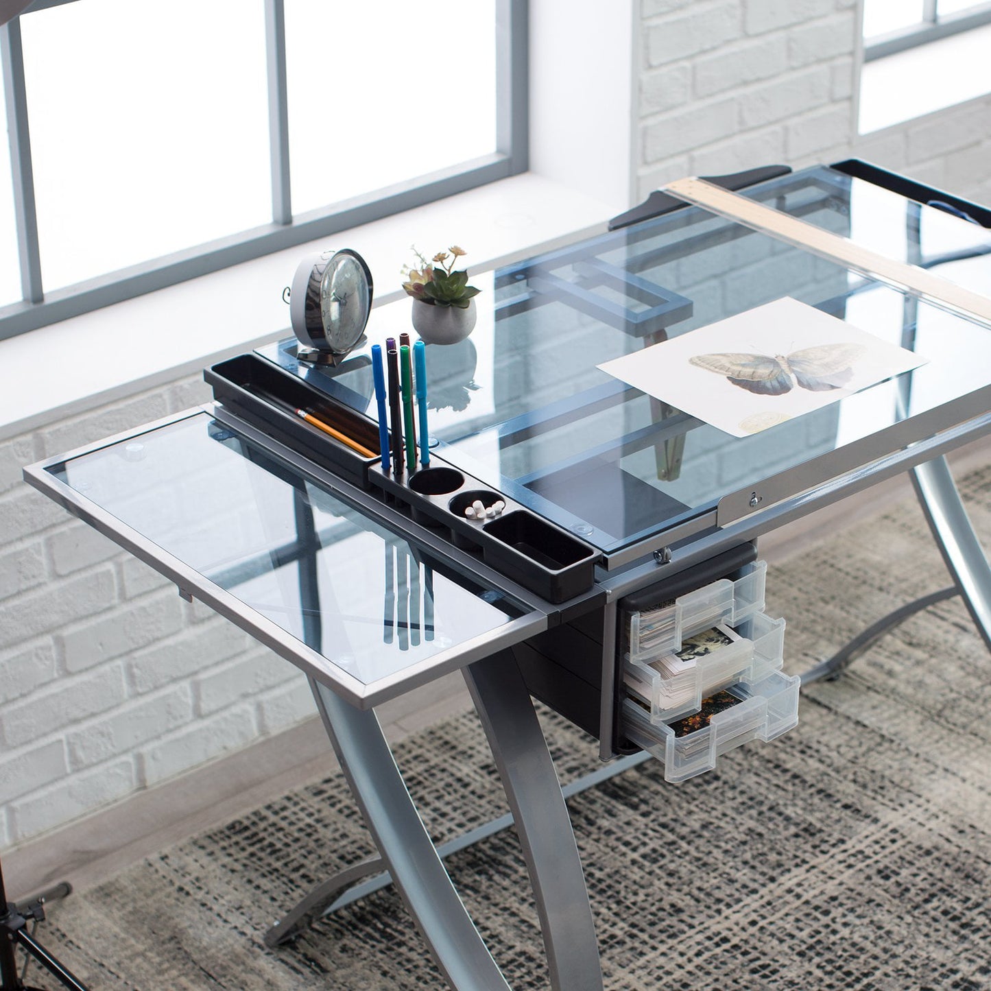Studio Designs Futura Advanced Glass Tabletop Drafting Table in Silver