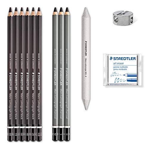 Staedtler Mars Lumograph Art Set | Drawing Kit with Charcoal and Graphite Drawing Pencils, Blending Stump, Kneadable Eraser and Dual Hole Sharpener 61 100C