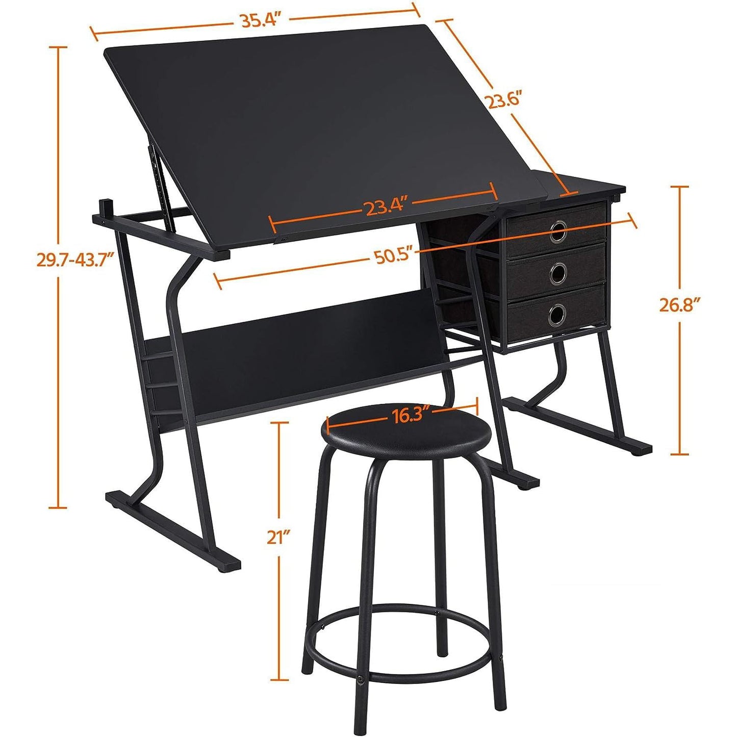Chictail Height Adjustable Drafting Table with Stool & Storage Drawers