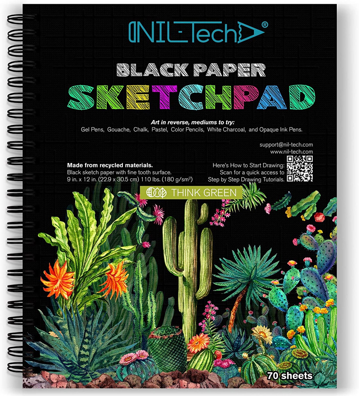 Premium Black Paper Sketchbook - 70 Sheets, 9 x 12 inches (110 lb/180 GSM) Spiral Bound Drawing and Writing Notebook for Gel Pens, Color Pencils, Chalk, Oil Pastels