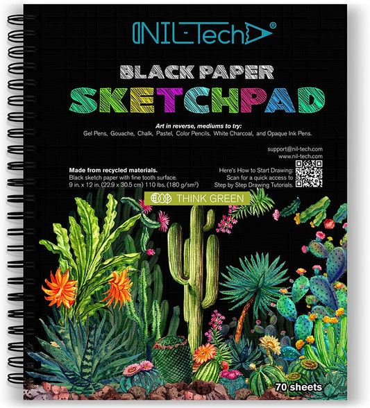 Premium Black Paper Sketchbook - 70 Sheets, 9 x 12 inches (110 lb/180 GSM) Spiral Bound Drawing and Writing Notebook for Gel Pens, Color Pencils, Chalk, Oil Pastels