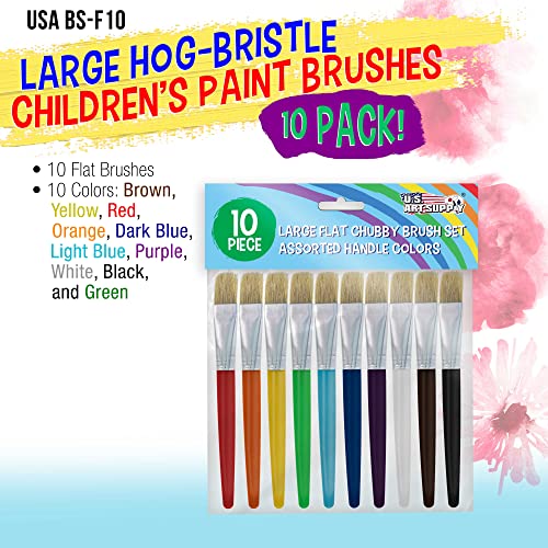 U.S. Art Supply 10-Piece Large Flat Children's Chubby Hog Bristle Tempera Paint Brush Set