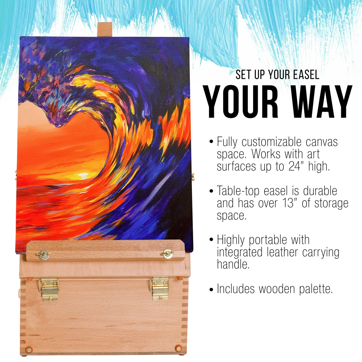 U.S. Art Supply Grand Cayman 2 Drawer Adjustable Wood Table Sketchbox Easel, Wooden Artist Desktop Storage Case, Palette
