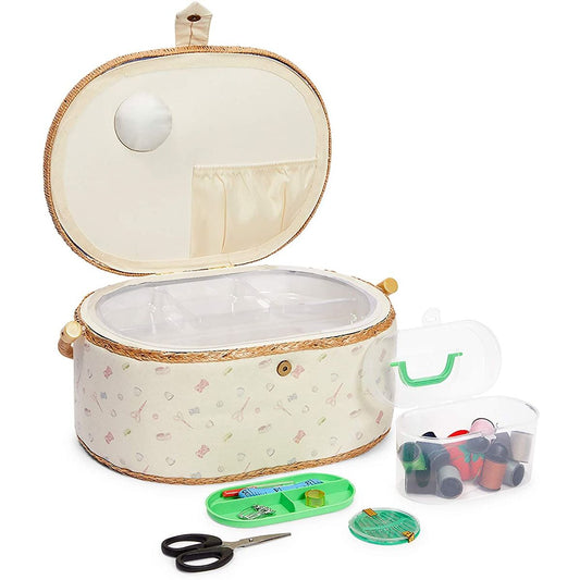 Vintage Sewing Basket Organizer Box Kit with Hand Sewing Supplies and Notions