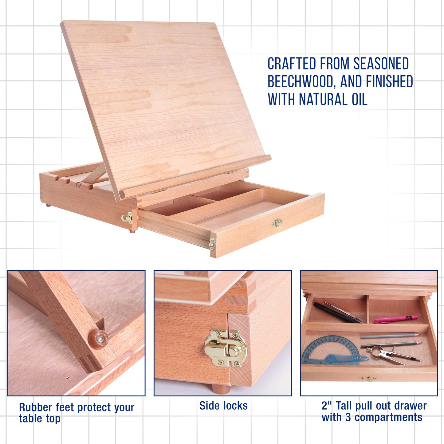 US Art Supply "Sketch Master" Adjustable Wood Artist Drawing & Sketching Board With Storage Drawer