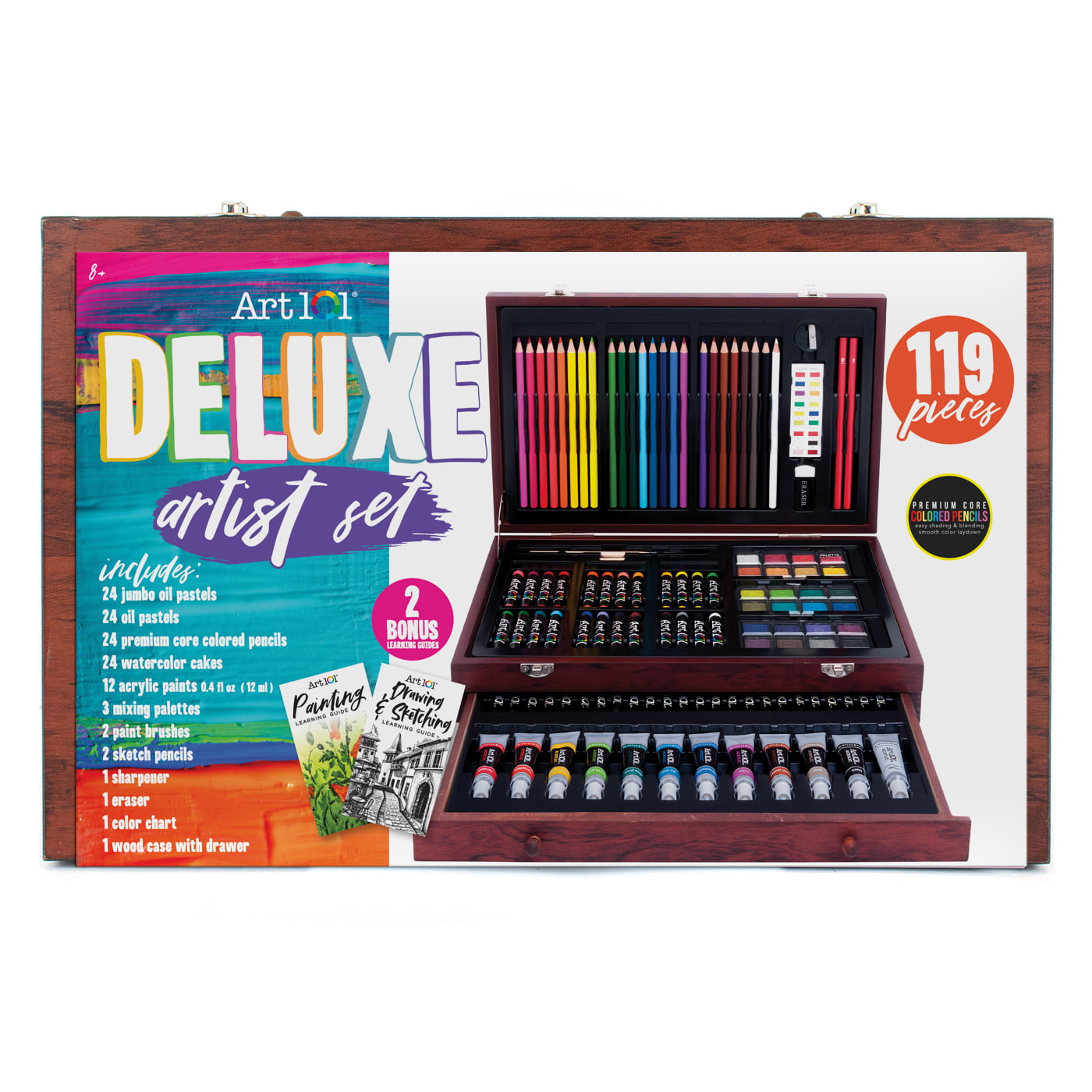 Art 101 Deluxe Multifunctional Art Set / Kit with 119 Pieces in a Wood Organizer Case for Adults