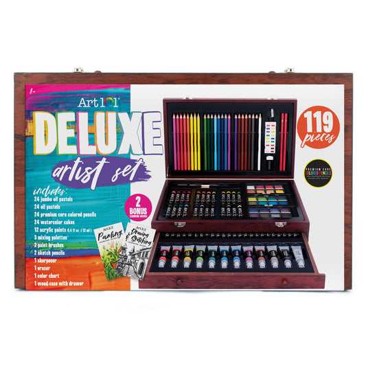 Art 101 Deluxe Multifunctional Art Set / Kit with 119 Pieces in a Wood Organizer Case for Adults