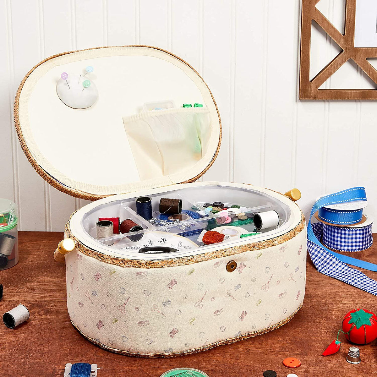 Vintage Sewing Basket Organizer Box Kit with Hand Sewing Supplies and Notions