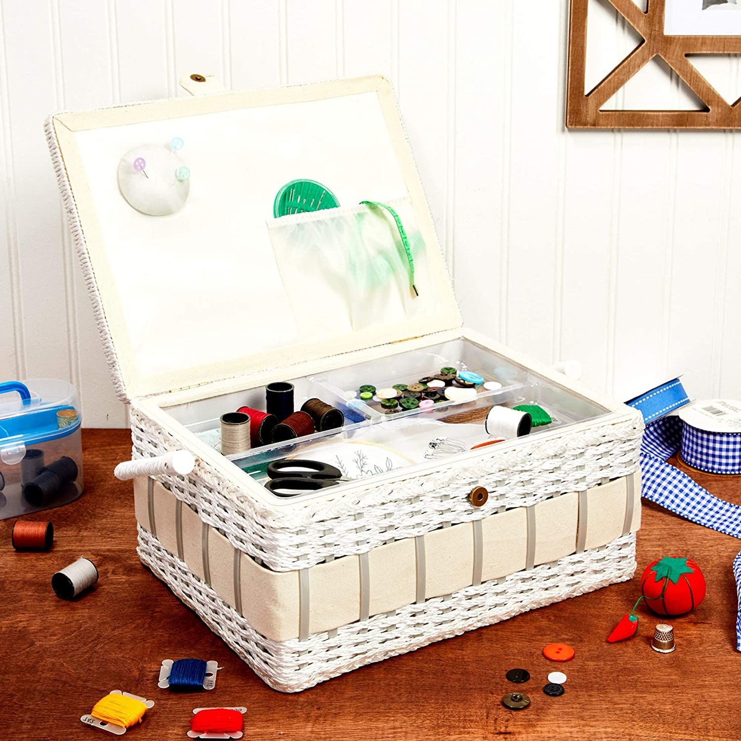 Vintage Sewing Basket Organizer Box Kit with Supplies and Notions Accessories