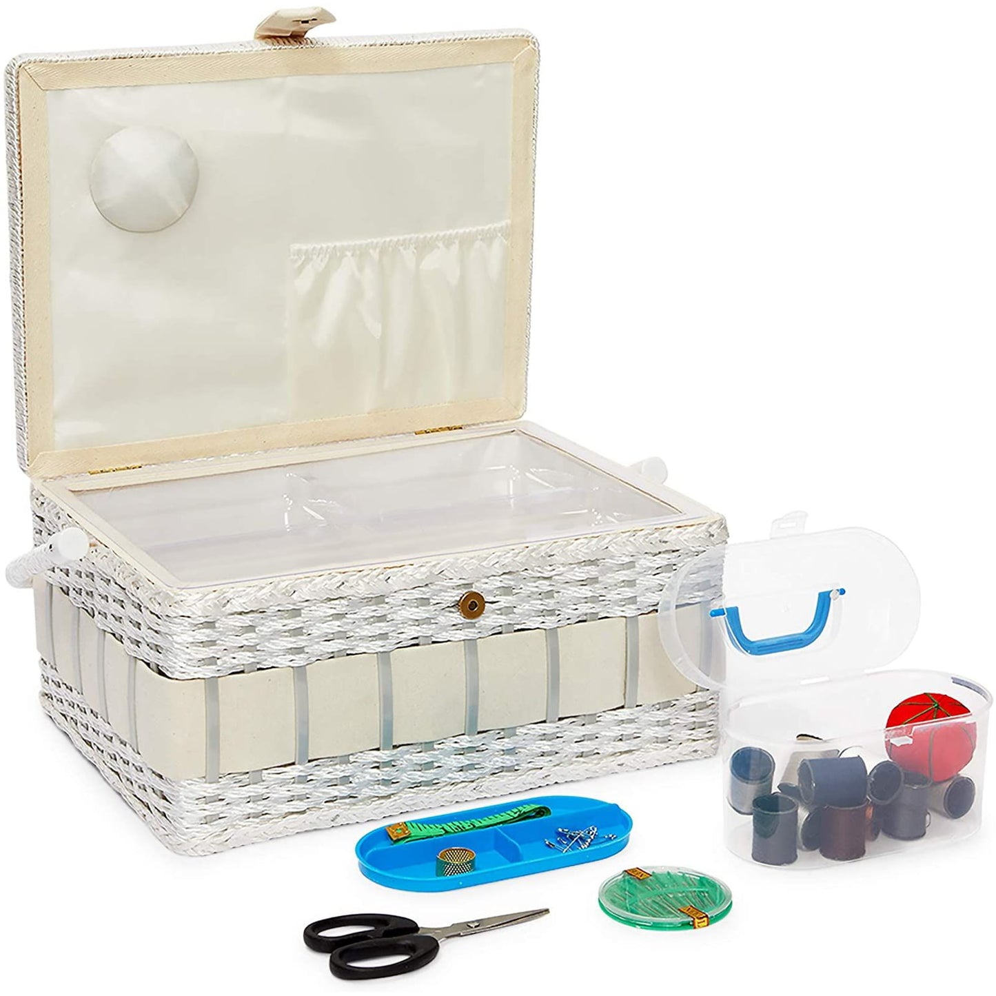 Vintage Sewing Basket Organizer Box Kit with Supplies and Notions Accessories