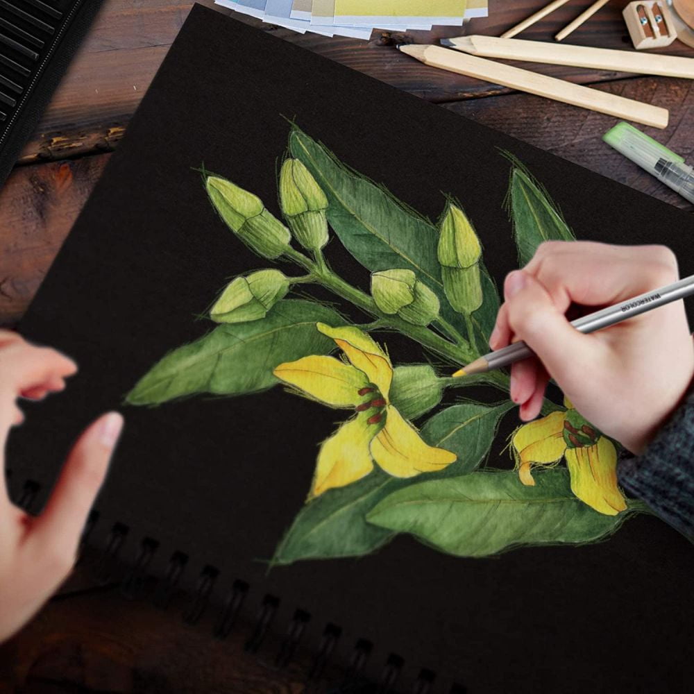 Premium Black Paper Sketchbook - 70 Sheets, 9 x 12 inches (110 lb/180 GSM) Spiral Bound Drawing and Writing Notebook for Gel Pens, Color Pencils, Chalk, Oil Pastels