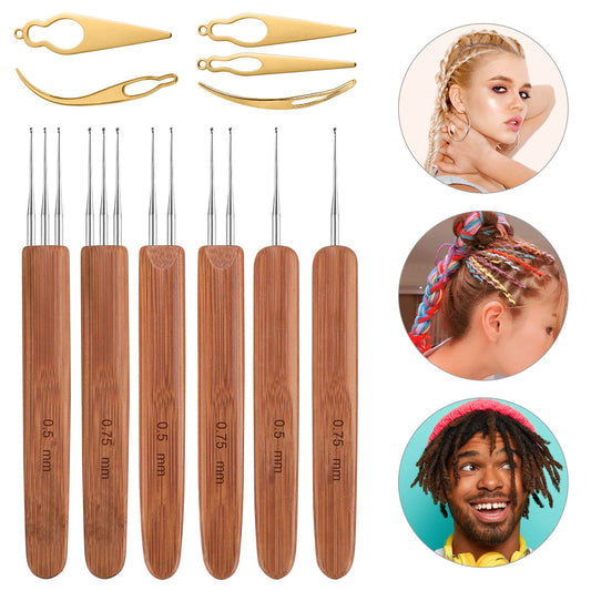 11pcs Dreadlocks Crochet Hooks Set, EEEkit 0.5mm 0.75mm Dreadlock Weaving Needle, Steel Crochet Hook with Bamboo Handle Interlocking Needles
