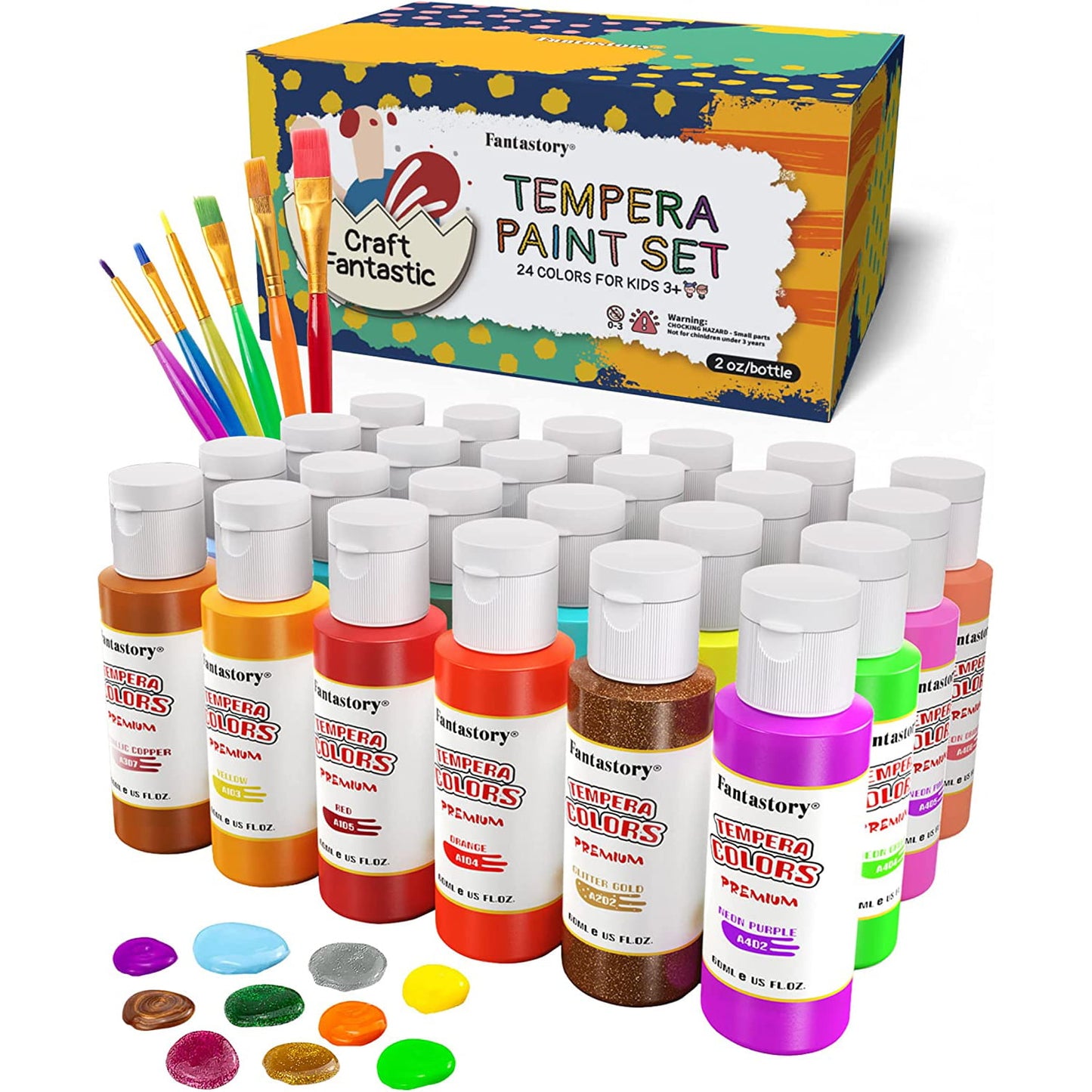 Fantastory Tempera Paint Set 24 Colors (2oz Each), Washable Paint for Kids.
