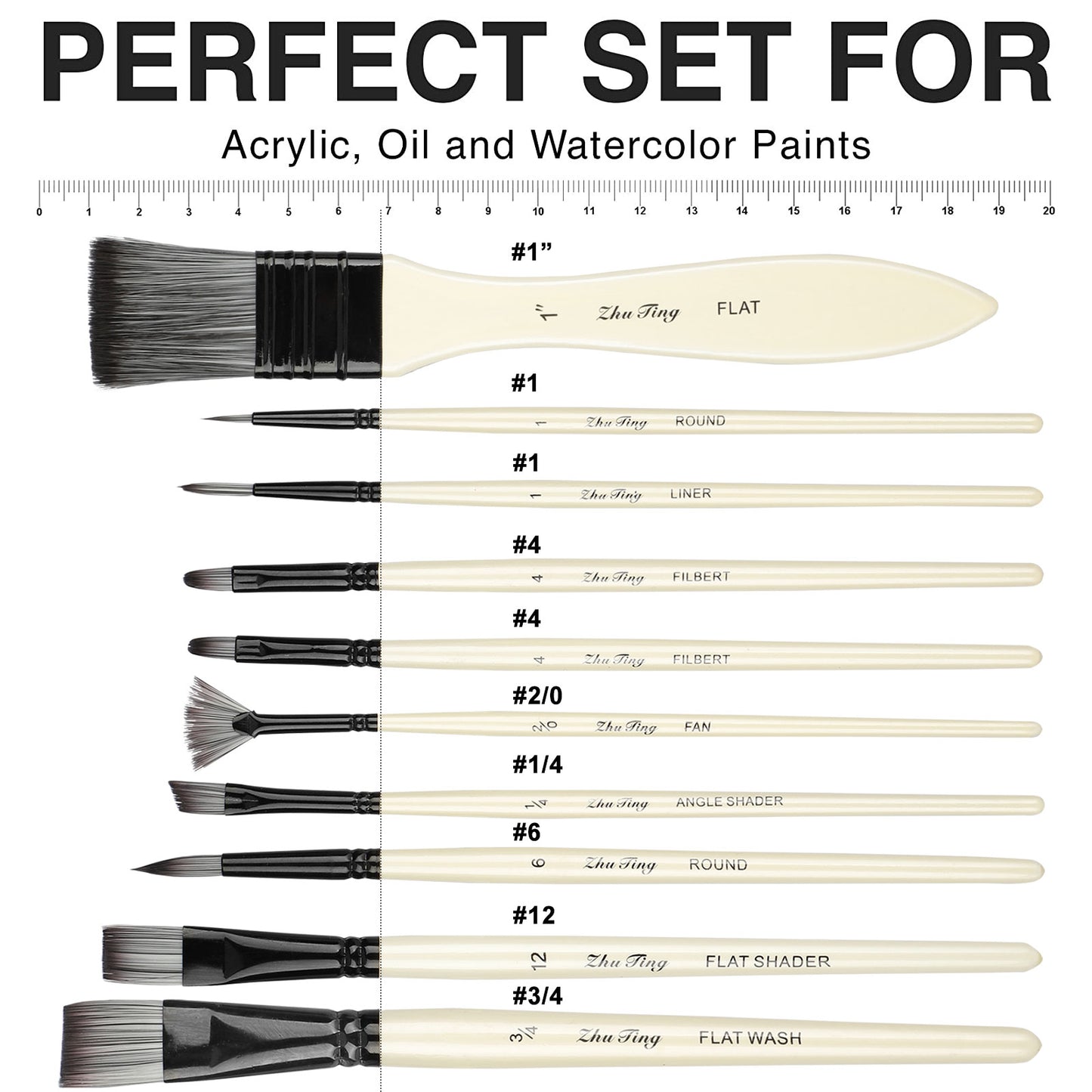 TSV 10 Pcs Paint Brush Set for Watercolor, Acrylic, Oil, Gouache, 10 Different Sizes,Premium Nylon Hairs Large Flat Brush