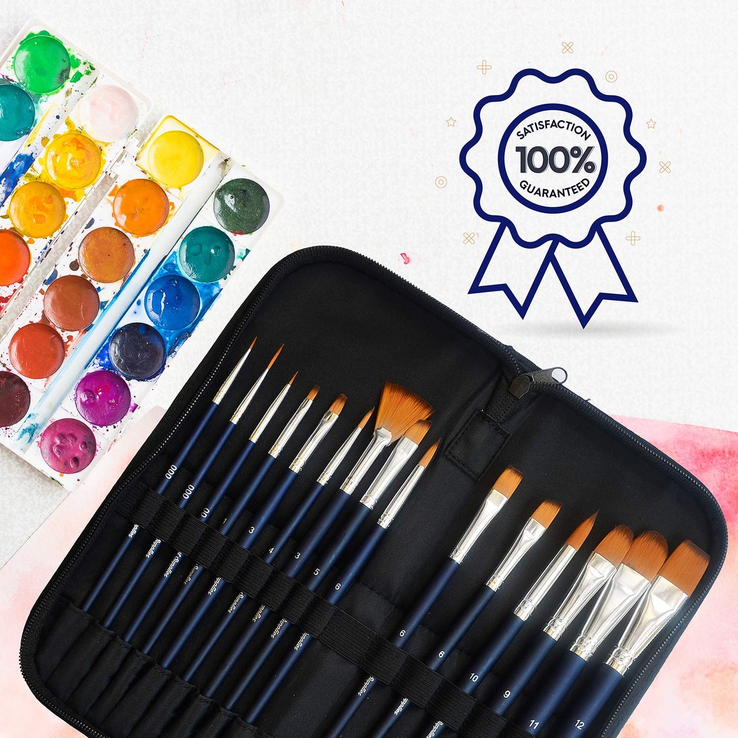 MozArt Watercolor Paint 15 Brush Set with Carrying Case, Brush Stand