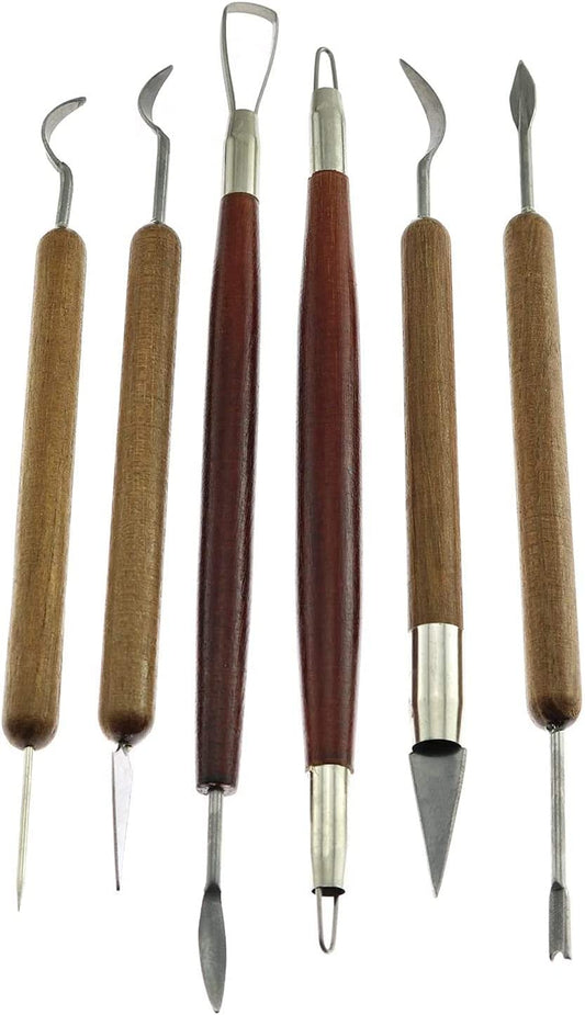Clay Sculpting Set 6PCS Wooden Handle Double-Headed Wax Carving Pottery Sculpture Tools