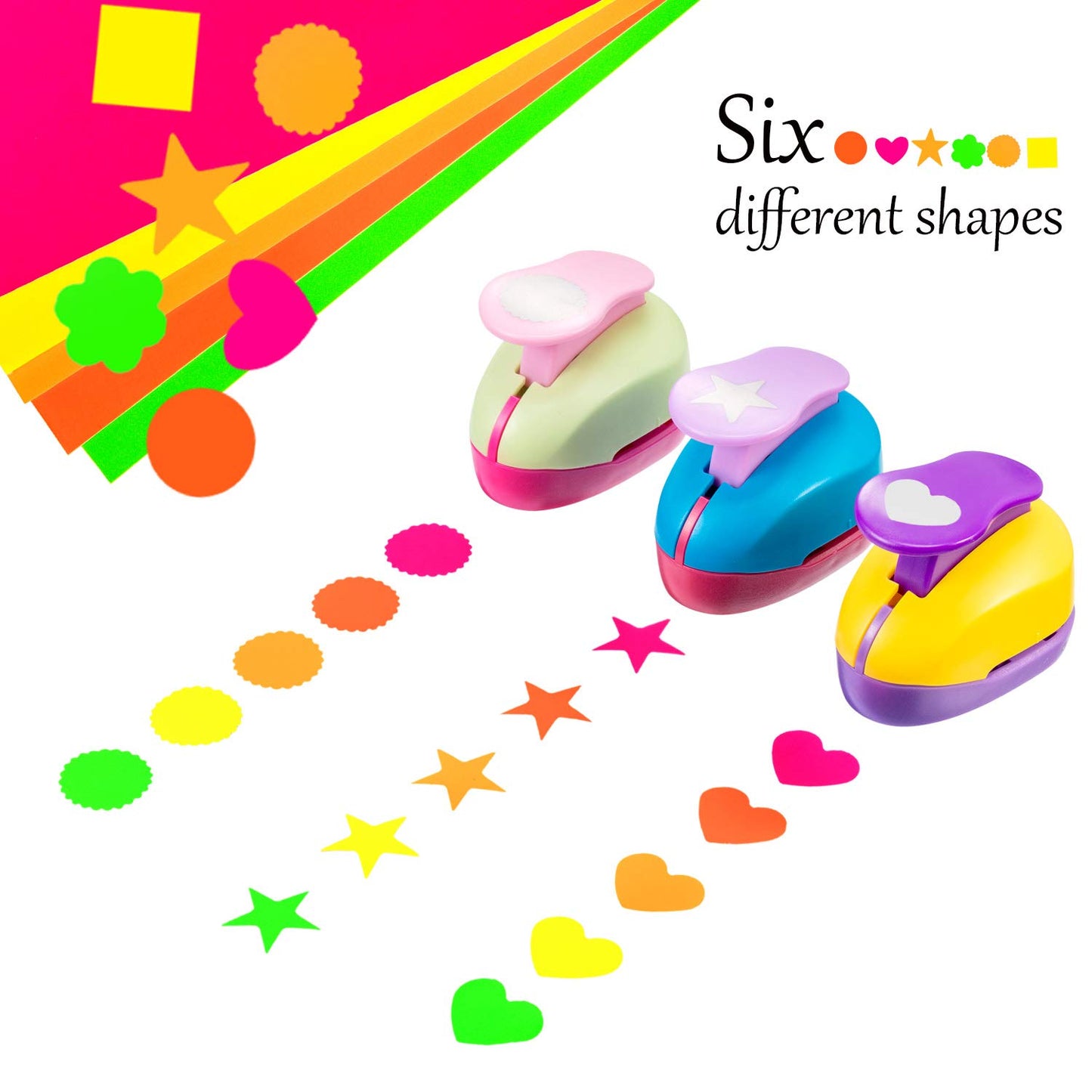 Craft Holes Punch 1 Inch Paper Punchers Scrapbook Punches with Craft Sticker Paper, Round, Star, Square, Heart, Flower, Wave Circle Shape (16 Pieces)