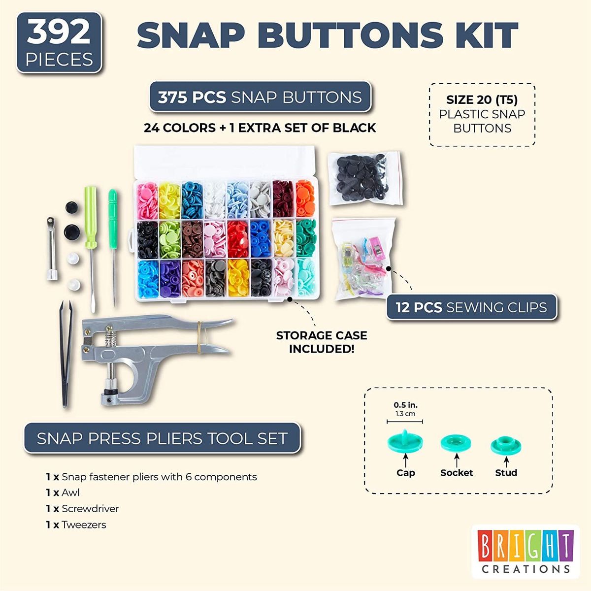392 Pcs Set Snap Buttons Pliers Kit, Plastic Replacement with Tools and Storage Box, Sewing Supplies, 0.5 in, 24 Colors