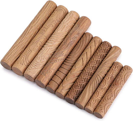 OwnMy Set of 10 Clay Modeling Pattern Rollers Kit, Dragon Phoenix Propitious Clouds 3D Geometry Cookie Radial Rays Prismatic Wood Wave Pattern Clay Rolling Pin Textured Wooden Handle Pottery Tools Set