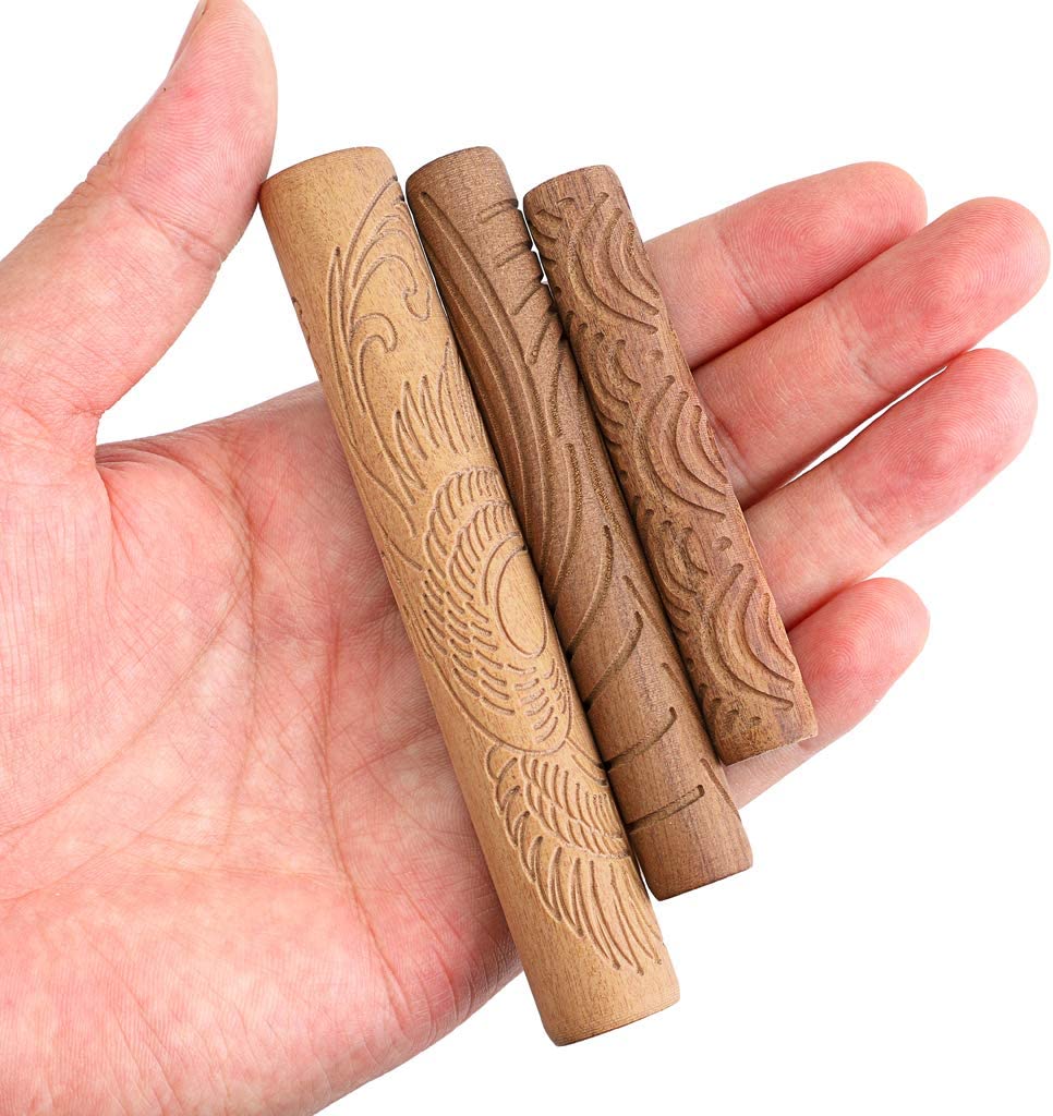 OwnMy Set of 10 Clay Modeling Pattern Rollers Kit, Dragon Phoenix Propitious Clouds 3D Geometry Cookie Radial Rays Prismatic Wood Wave Pattern Clay Rolling Pin Textured Wooden Handle Pottery Tools Set