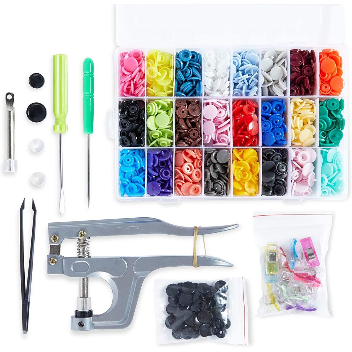 392 Pcs Set Snap Buttons Pliers Kit, Plastic Replacement with Tools and Storage Box, Sewing Supplies, 0.5 in, 24 Colors