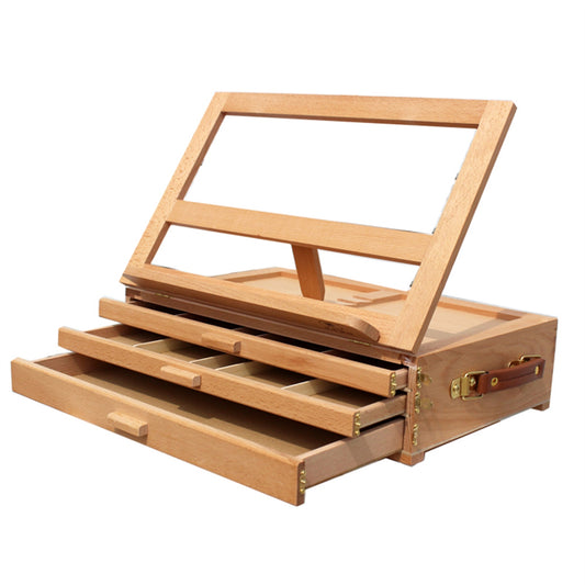 Wood Desk Table Easel - Beech Desktop Easel with 3 Layers Drawer for Artist Craft Supplies Storage Organizer, Wooden Art Tabletop Box for Drawing, Painting and Sketching