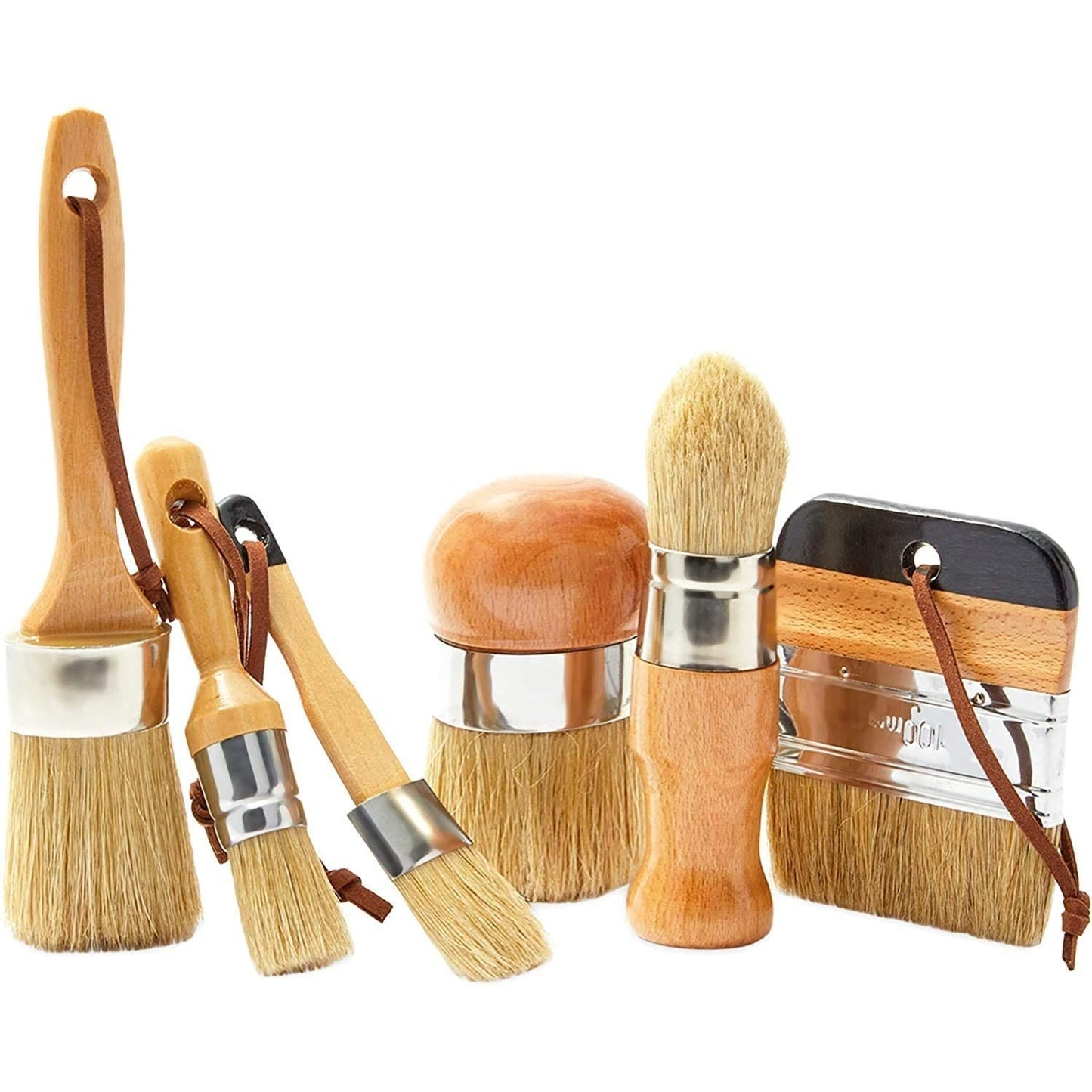 6-Piece Wax and Chalk Paint Brush Set for Furniture Waxing Painting, Natural Boar Bristle