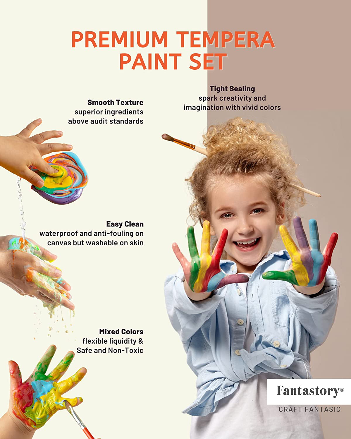 Fantastory Tempera Paint Set 24 Colors (2oz Each), Washable Paint for Kids.