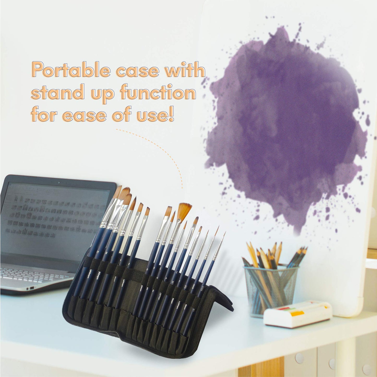 MozArt Watercolor Paint 15 Brush Set with Carrying Case, Brush Stand