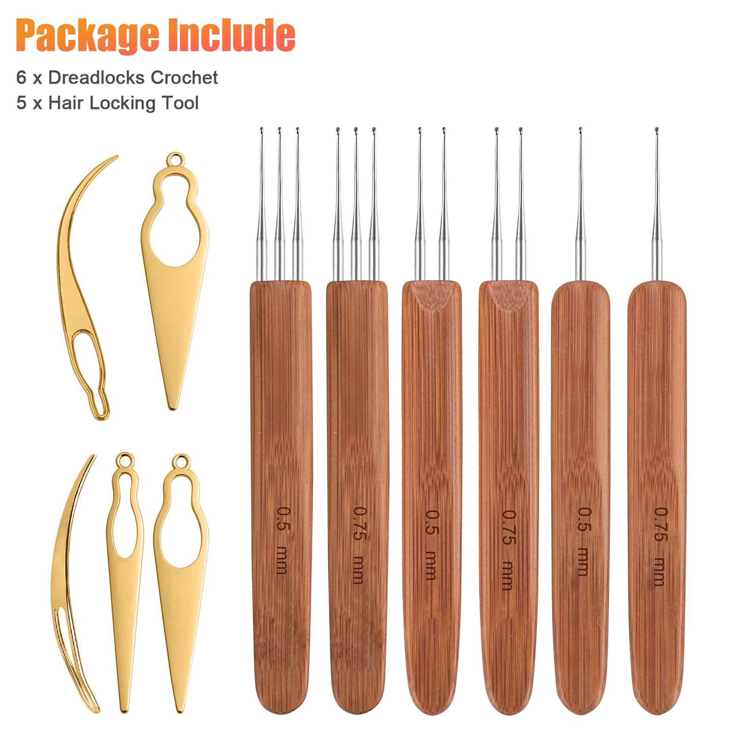 11pcs Dreadlocks Crochet Hooks Set, EEEkit 0.5mm 0.75mm Dreadlock Weaving Needle, Steel Crochet Hook with Bamboo Handle Interlocking Needles