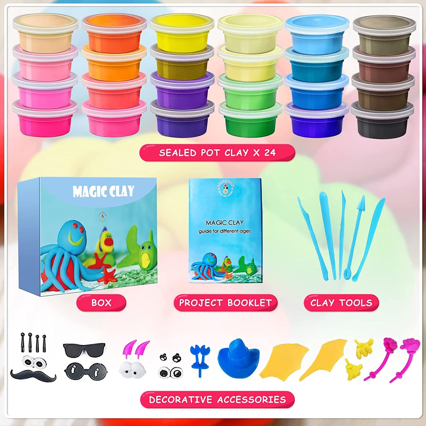 Modeling Clay Kit - 24 Colors Air Dry Ultra Light Magic Clay, Soft & Stretchy DIY Molding Clay with Tools, Animal Accessories