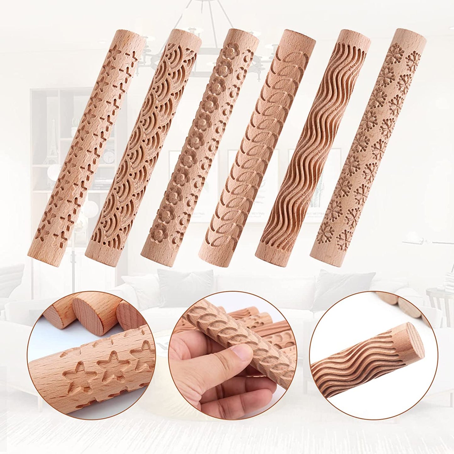 PLAYDAY 6Pcs Clay Modeling Pattern Rollers, Large Texture Rollers for Clay Wooden Handle,Rolling Pottery Ceramic Carved Tools