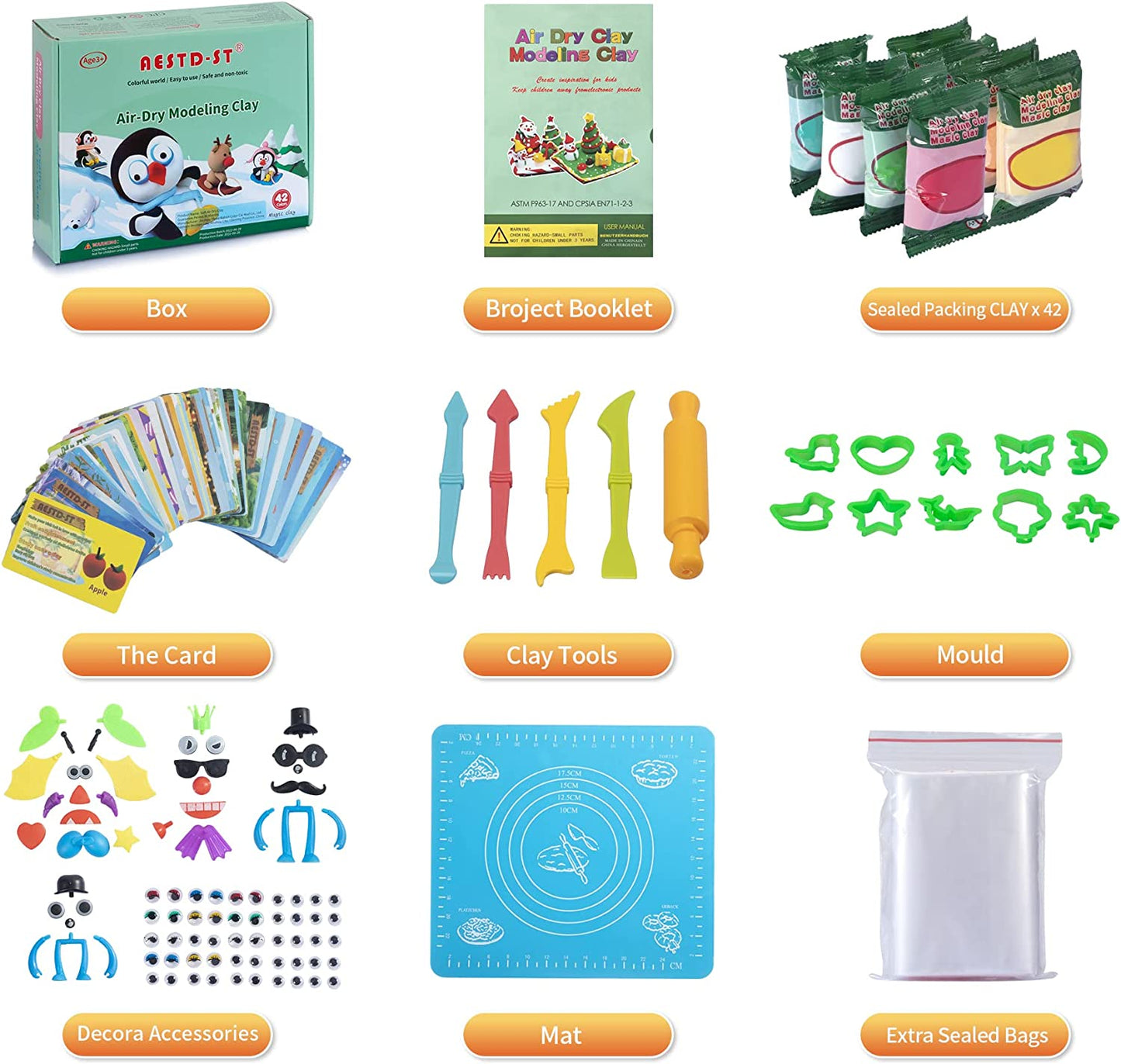 AESTD-ST Air Dry Clay Kit, 42 Corlors Modeling Clay for Kids, Safe & Non-Toxic Super Light DIY Soft Magic Clay, Molding Clay with Sculpting Tools and Tutorial Cards