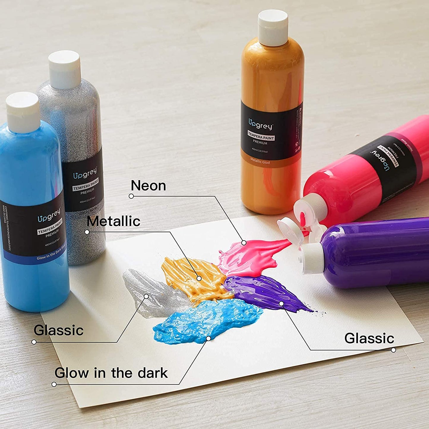 UPGREY Washable Tempera Paint Set for Kids, (400ML/13.5 floz)18 Colors with 5 Brushes, Finger Paint For Poster and Craft, Art Supplies